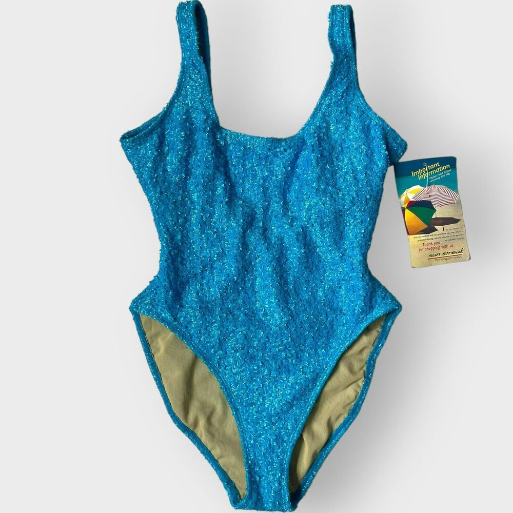 VTG Sun Streak Newport News Swimsuit 90s 1990s NWT Textured High Cut Blue 12